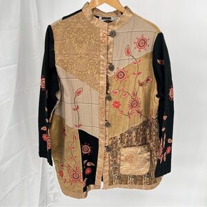 Maggie Barnes Mixed Fabric Embroidered Jacket Size 1X Art To Wear Patchwork